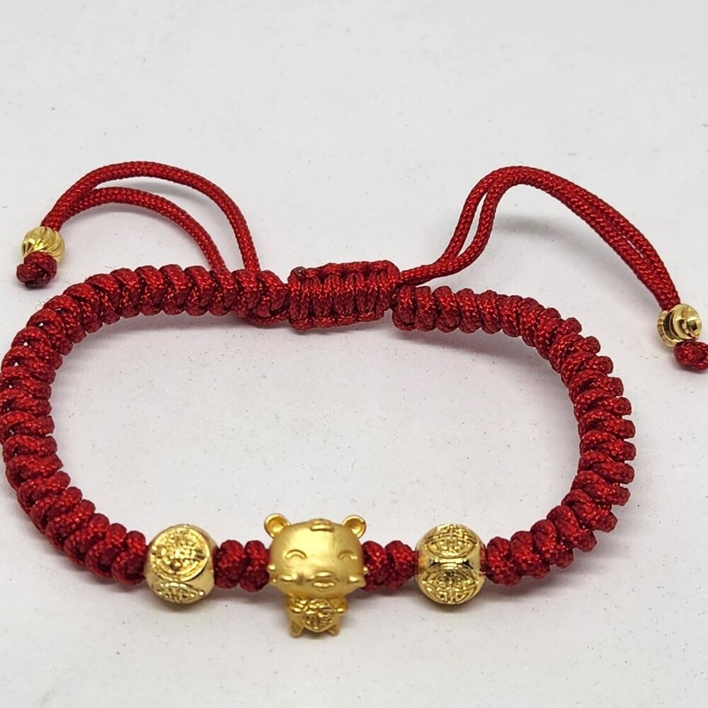 Year Of The Boar Chinese Bracelet Cute Red And Gold Tone Beads Adjustable